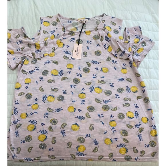 Women's Juicy Couture Top, Cold Shoulder Summerpink w/ lemons ruffle sleeves 2XL - Picture 1 of 7
